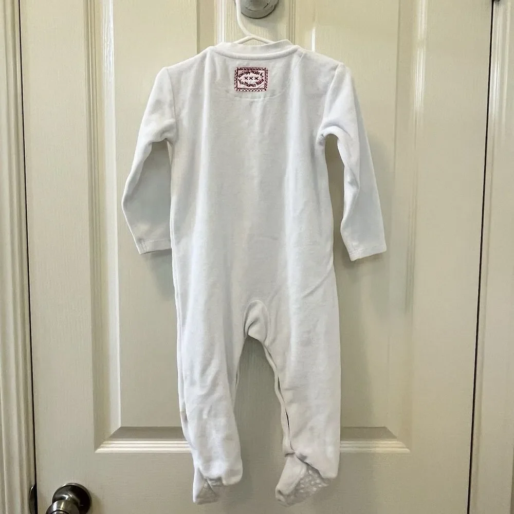 JoJo Maman Bébé White Velour Christmas Embroidered Footie Girls SZ 12-18 Months
